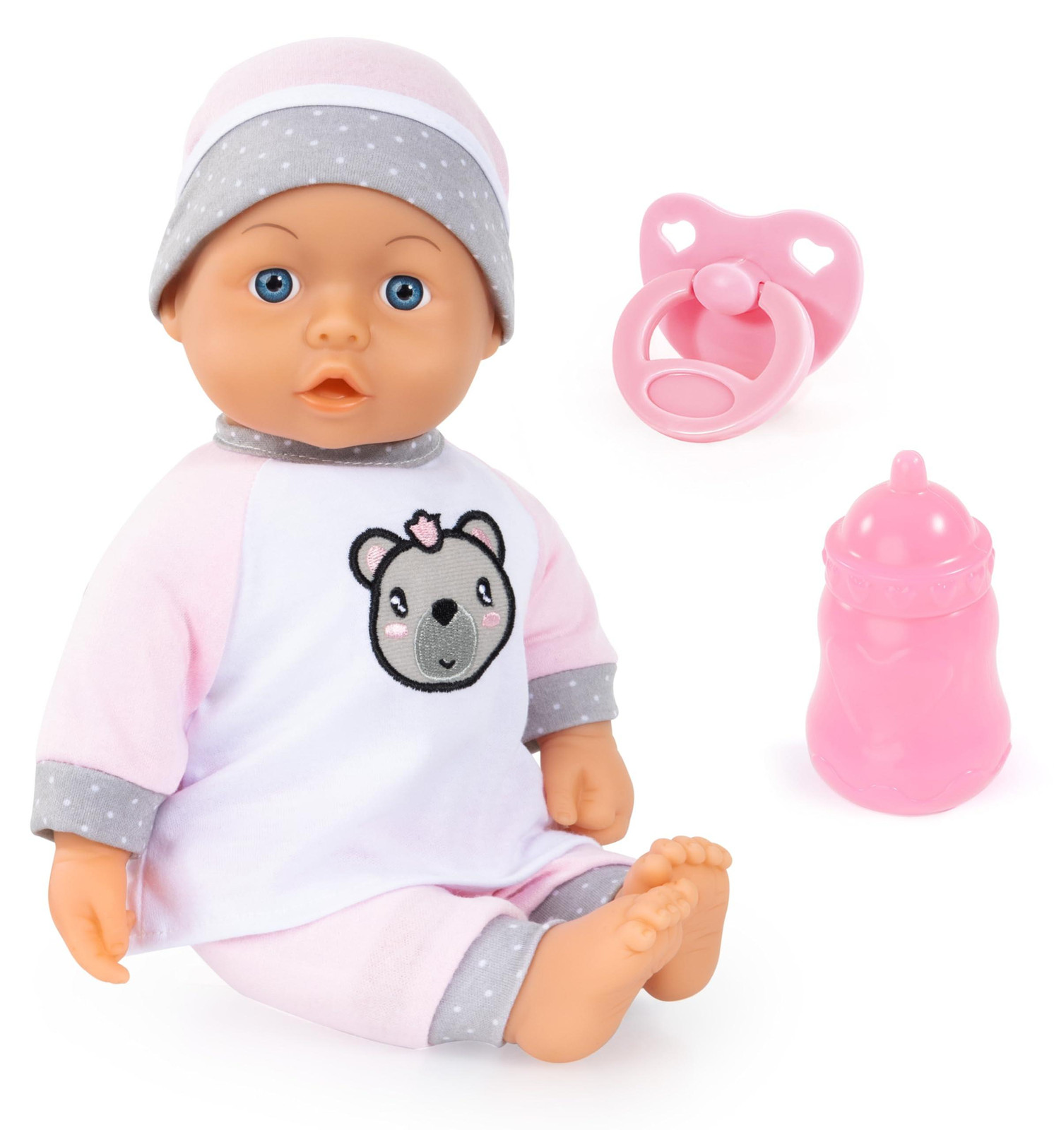 Bayer Design Kiss Baby interactieve pop met kusfunctie, geluiden, fopspeen en flesje, wit, roze en grijs met berenmotief