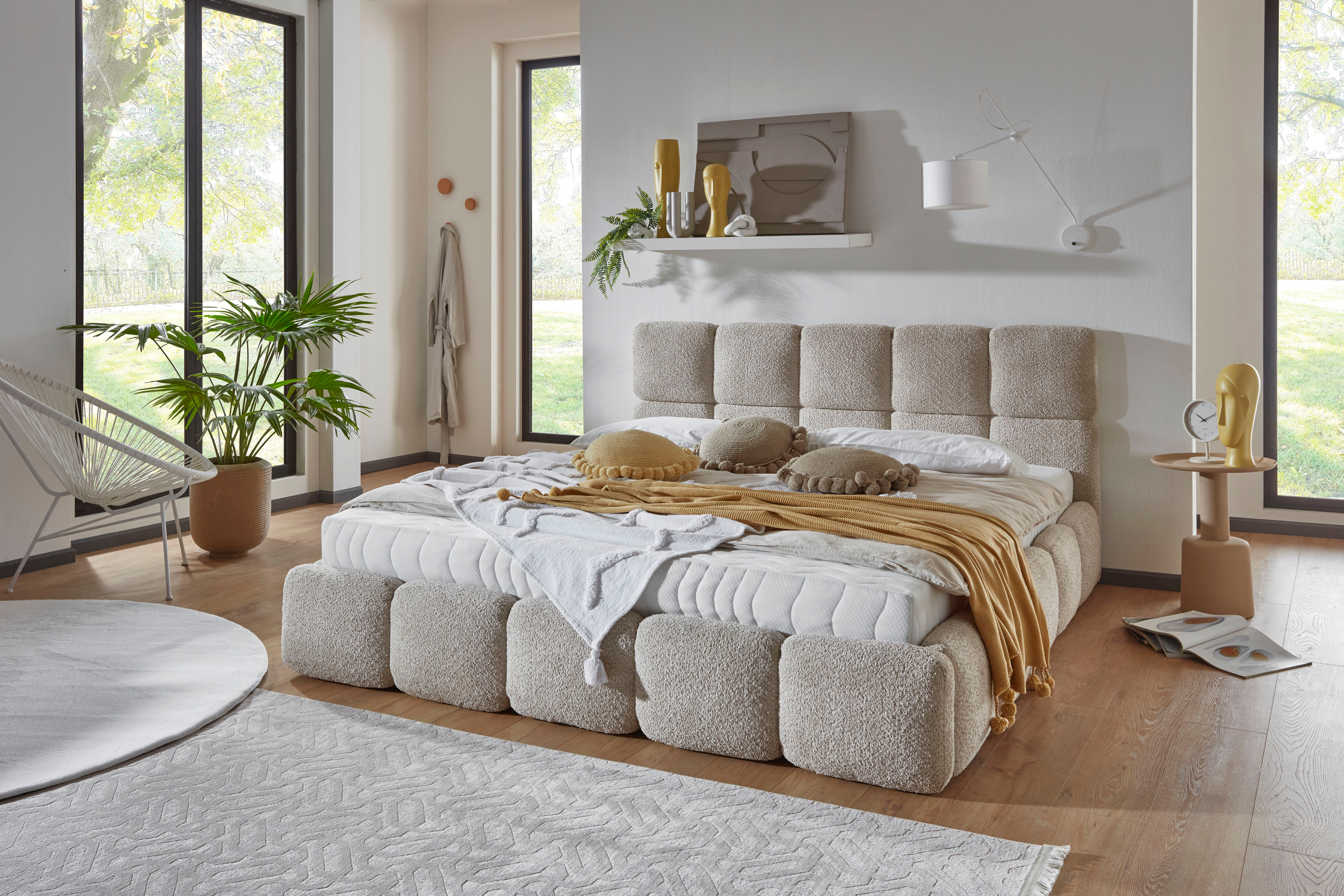 Polsterbett "Jane" mit grossen Stauraum", beige (creme), B:182cm L:220cm, 100% PES, ATLANTIC HOME COLLECTION, Betten, Polsterbett, luxurious gepolstertes Kopfteil und Rahmen, Bezug mit Bouclécharakter creme Liegefläche Länge B: 200cm x 160cm, 7-Zonen-Tonn
