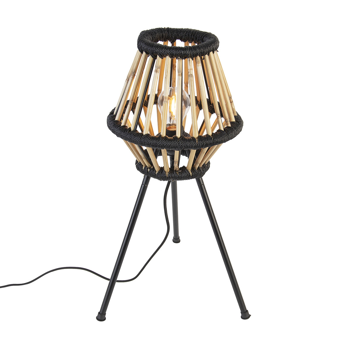 Qazqa Tafellamp Tripod Bamboe en Hout - Zwart - Rustiek