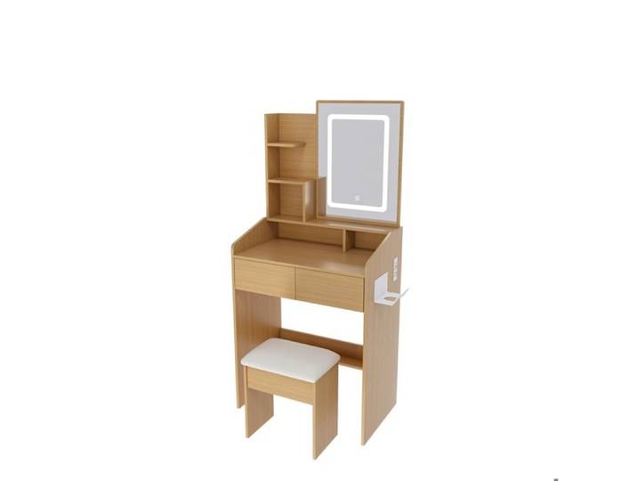 ELVORIN Coiffeuse avec miroir LED 60 x 36 x 130 cm prise intégrée 2 tiroirs tabouret inclus finition bois