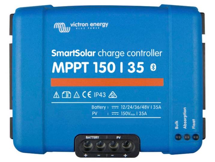 Solarladeregler VICTRON ENERGY MPPT Victron SmartSolar 150/35 , blau, B:13cm H:18,6cm T:7cm, Spannungsregler, Solarladeregler, Leistung maximal in Watt: 500 / 100 / (1500) / 2000