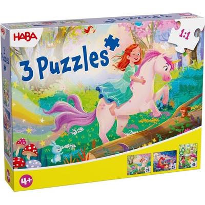 HABA 2013401001 - Puzzles Zauberträume, mit Glitzer-Effekt, Motiv: Einhorn/Fee/Prinzessin, 24/35/48 Teile