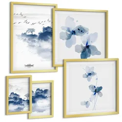 BILDER SET 5er Set - 50x50 cm & 20x30 cm & 40x60 cm Goldrahmen - Berge, Wolken, Bäume, Vögel im Hintergrund