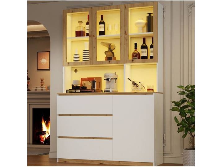Meuble rangement vitrine haute 120 x 200 cm avec LED plan de travail tiroirs porte MDF blanc chêne ORVRYN