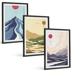 BILDER SET 3er Set - 40x60 cm Schwarzer Rahmen - Pastellfarbene Berge im Japandi-Stil
