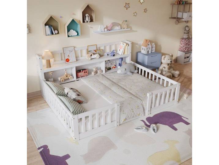 Montessori Lit de sol 140x200cm Lit au sol pour enfants avec Sommier à Lattes protection anti-chute Compartiments de Rangement Blanc