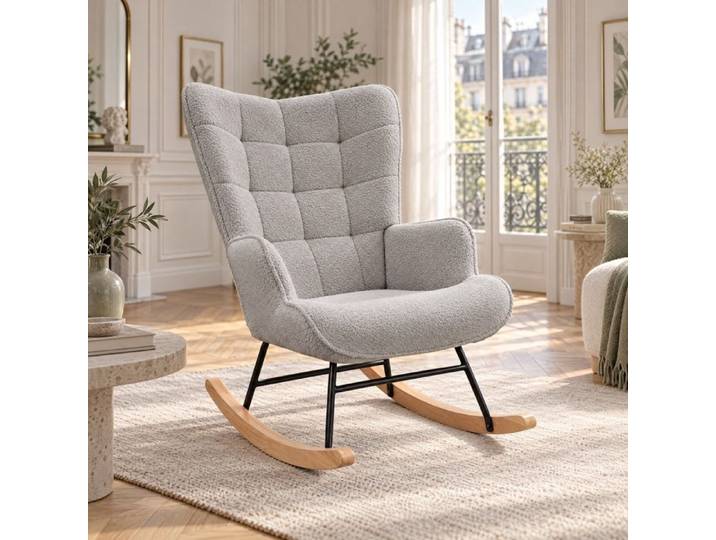 Fauteuil à Bascule Scandinave Dossier haut Pieds en Métal et Bois Massif Fauteuil Relax Scandinave pour Salon Chambre Gris