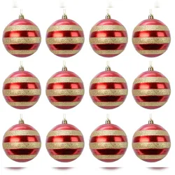 Christmas Decorations 12 Weihnachtskugeln 8cm Kunststoff Ranken Motiv Christbaumkugeln rot gold