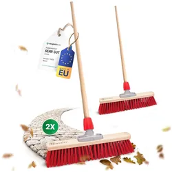 2X Strassenbesen mit Stiel 40 cm I Holz I Elaston rot I Grob Industriebesen Kehrbesen Straßenbesen Breit Gartenbesen Outdoor Besen draußen Besen Außenbereich