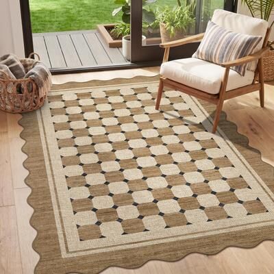Garvee Scalloped Easy Jute Indoor Outdoor Geometric Checkered Area Rug