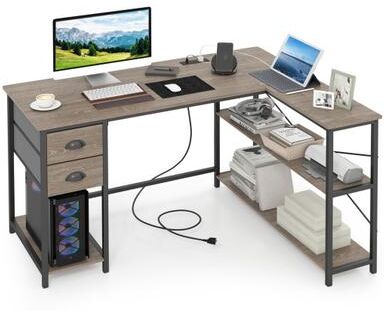 Costway L Shaped Desk with Charging Station Corner Computer Desk with 2 Fabric Drawers-Oak