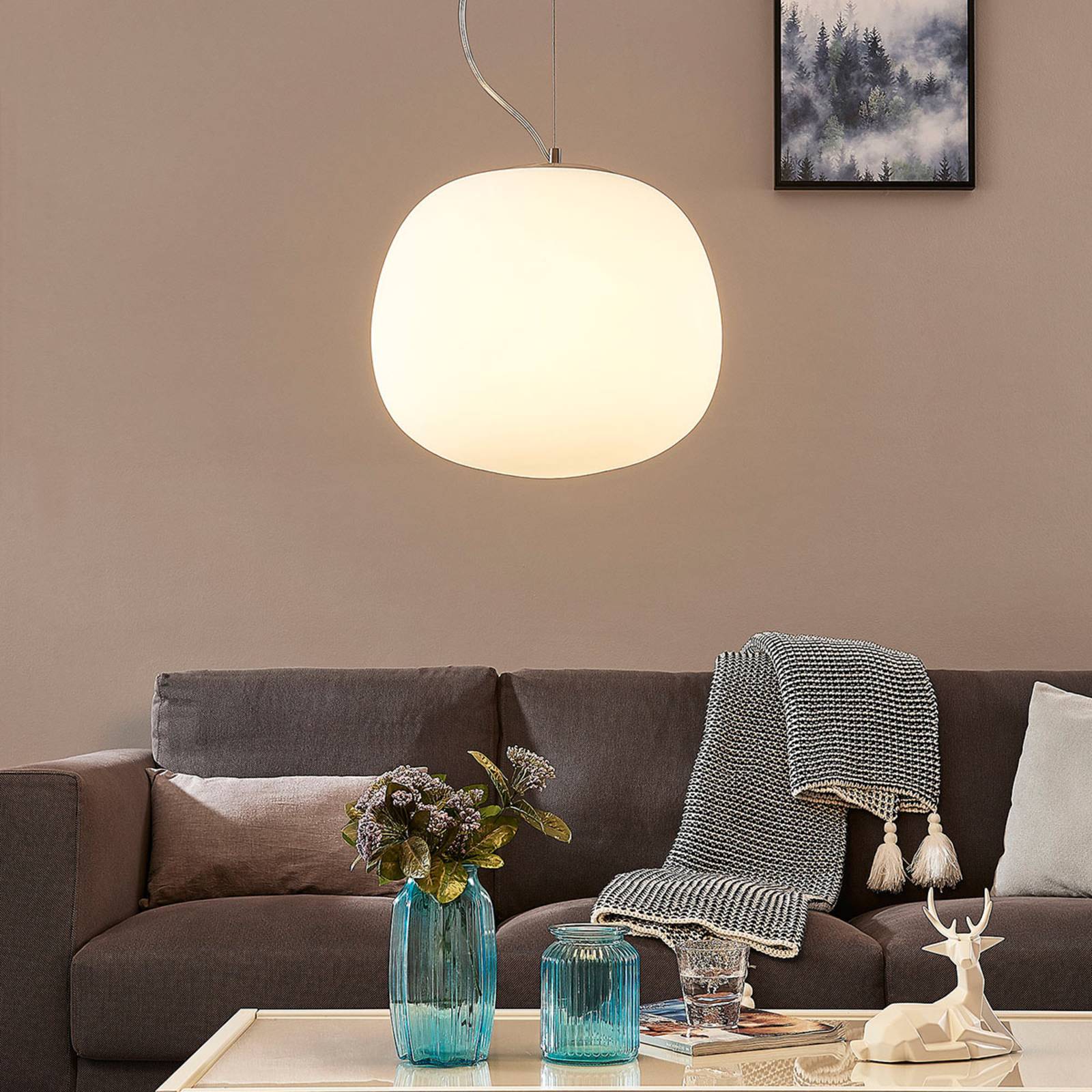 Glas hængelampe Lindby, dæmpbar, Hvid/opal, Køkken, Glas, Moderne