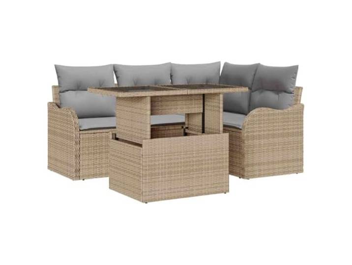ZQQLVOO Gartensofa-Set 5 STK. Beige Poly Rattan Modulares Design, Stahlrahmen, Poly-Rattan, UV-beständig, Kissen mit Reißverschluss, Couchtisch mit gehärtetem Glas