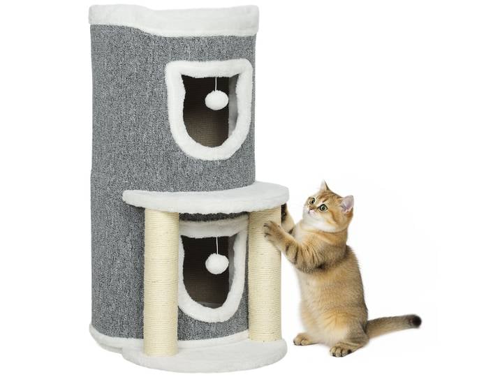 Arbre à gratter pour chat Arbre à chat 76 cm avec lit 2 grottes Poteaux en sisal Boules de tapis pour jouer Gris