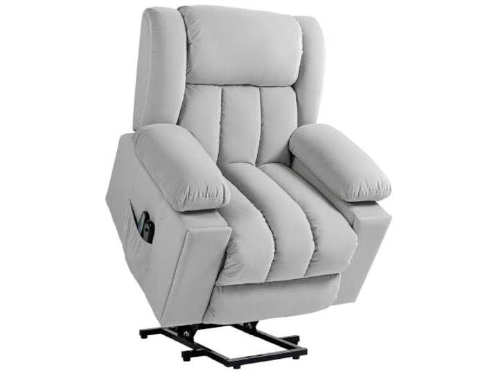 HOMCOM Fernsehsessel mit Aufstehhilfe Elektrisch Liegefunktion Hellgrau Relaxsessel, Wärme- & Massagefunktion, Massagesessel, Fernbedienung, Becherhalter, Seitentasche, USB, Taschenfederkern, Samt