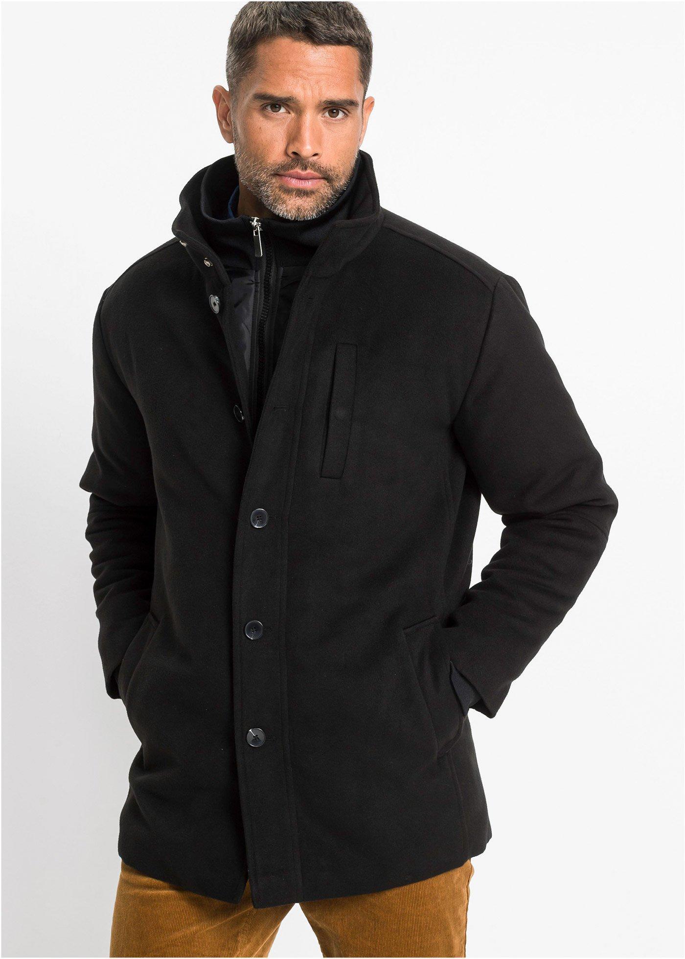 bonprix Winterjacke mit Windfang in Wolloptik, schwarz, Gr.52, Sportive Langjacke in aufwändiger Verarbeitung