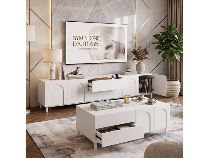 Ensemble Meuble TV 180cm + Table Basse Grand Rangement Design Soigné Motif Arche