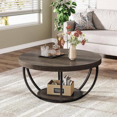 Jiallo "Round Coffee Table, 31.7"" Grey Wooden 2-Tier Circle Coffee Table"