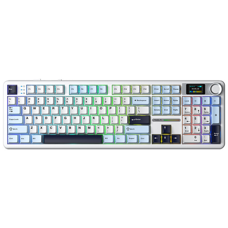 AULA F108 Pro draadloos mechanisch gamingtoetsenbord met LCD-scherm en draaiknop, lichtblauw