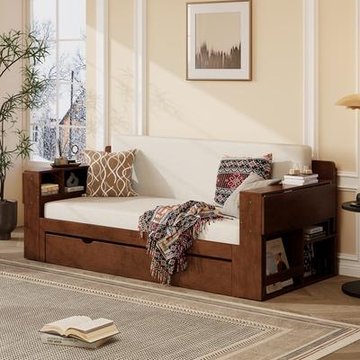 Wooden Daybed with Removable Desk Storage Drawers and Hydraulic Side Table