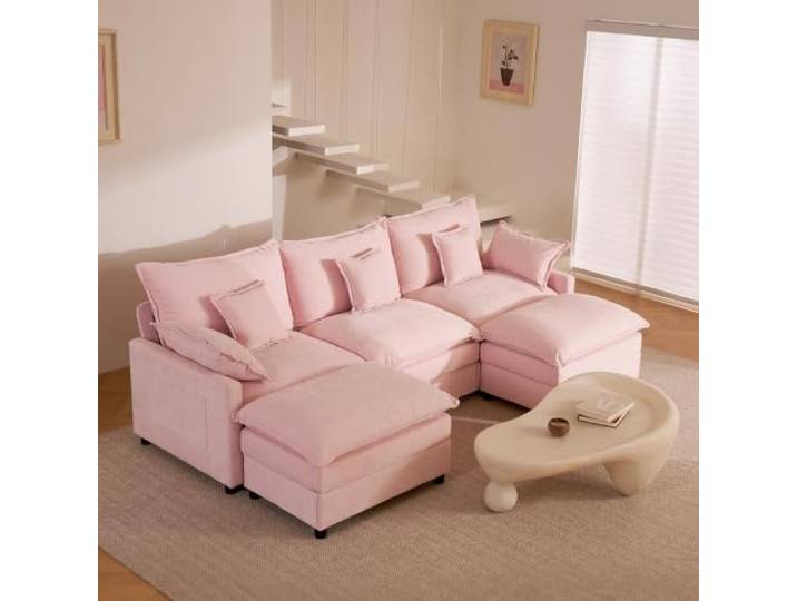 Litbird U-förmiges modulares Sofa 3-Sitzer Ecksofa mit Hocker, tiefes Sitzdesign, Cloud Couch für Wohnzimmer (Hellrosa)