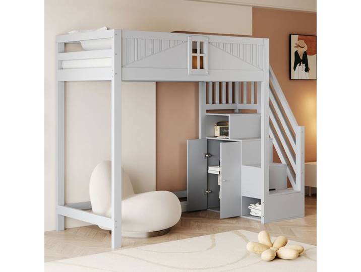 Lit mezzanine - SOGEU - Lit mezzanine avec escalier de rangement - 90x200 cm - Bois massif gris - Escalier réversible