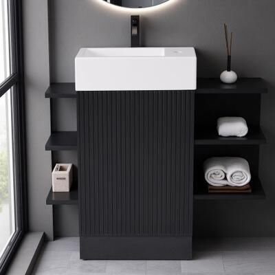 ZWYO HOSIMU "18.6"" MDF Bathroom Vanity with Ceramic Sink, Two-Tier Shelf, Reversible Orientation, Compact Storage Cabinet for Small Bathrooms"