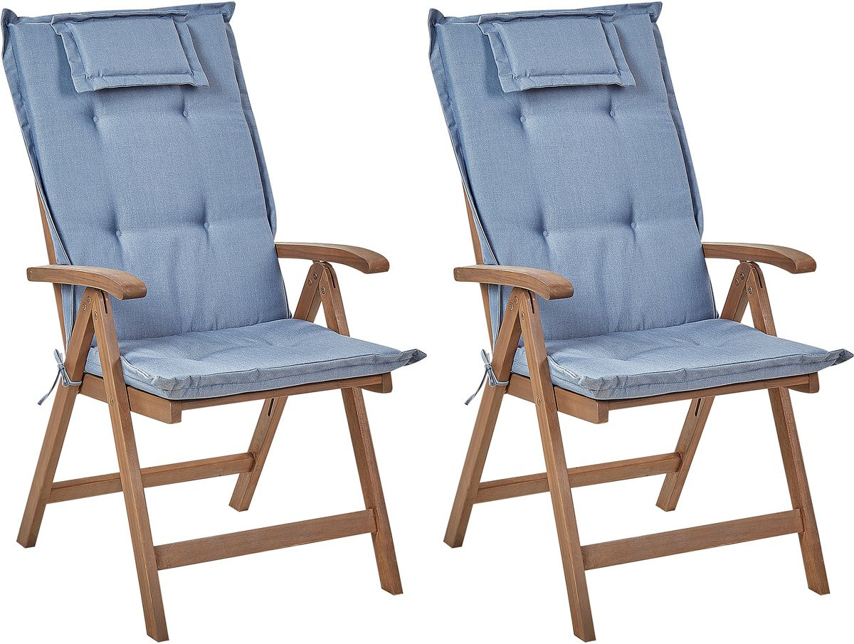Amantea Set van 2 Rustieke Tuinstoelen van Acaciahout met Blauwe Kussens - Donkerbruin/Blauw