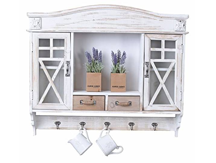 unbekannt Wandschrank „Villa Eleonore“ – Shabby Chic Vitrine Glastüren, Schubladen & Haken Vintage Landhausstil Hängeschrank Holz mxa074 Palazzo Exklusiv