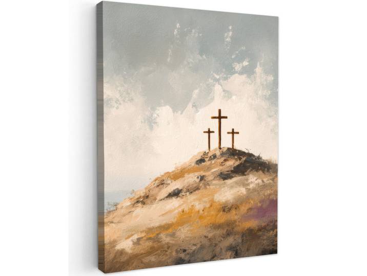 MuchoWow Leinwandbild - Hügel - Abstrakt - Christentum - Kreuz - 60x80 - Gemälde, Hellgrau, Textil, Kiefer, Rechteckig, 60x80 cm, gerahmt, Bilder & Rahmen, Bilder, Wandbilder