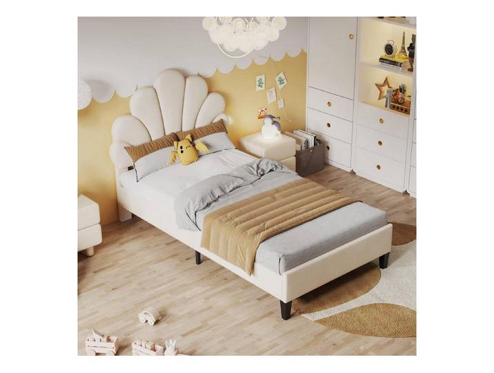 LuxusKollektion Einzelbett Bett 90x200 Blumen Kopfteil Samt Beige