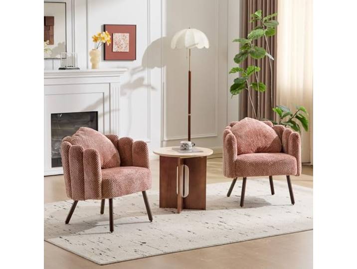 Ckaff Sessel Wohnzimmer mit Kissen, Gepolsterter Muschel Sessel mit Blütenblatt-Rückenlehne aus Bouclé, Schminktisch Stuhl Loungesessel mit Holzbeine fürs Wohnzimmer Schlafzimmer (Rosa, 2 Stück)