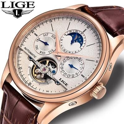 GlowBake Automatic Mechanical Watch For Men, Tourbillon Clock, Waterproof Military Wristwatch, Leather Strap Durable Watch silver Black