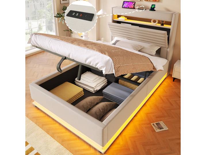 STILVORA Polsterbett 90x200 cm mit USB Typ-C Ladefunktion, Stauraumbett mit LED-Beleuchtung, Schlafbett mit hydraulischer Lagerung und Flip-Top-Aufbewahrungsfach, Drucktaste/App-Steuerung, Beige