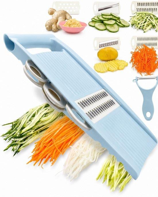 Blauwe 5-in-1 Keukenmandoline met meerdere messen en plastic behuizing