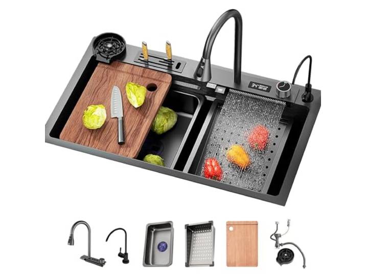 JKJZSALJ Küchenspüle Arbeitsplatz mit Druckspülung, Messerhalter und Nano-Wasserfallhahn, aus 304 Edelstahl für effizientes Waschen und Kochen, 80 x 46 cm
