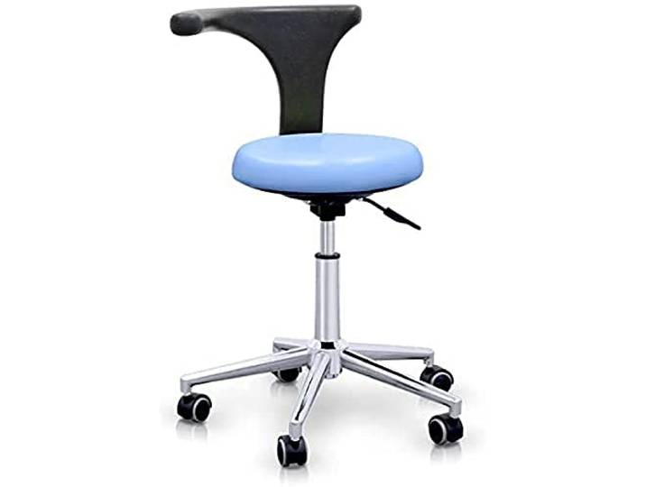 QUIRUMED Professioneller ergonomischer Hocker mit Rückenlehne, hellblau, Gestell aus Edelstahl, Kunstleder, Basis mit Rollen, höhenverstellbarer Sitz, bis 120 kg