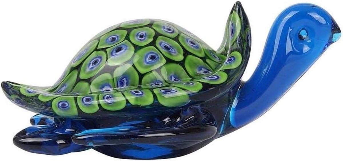 Handgeblazen uniek glazen schildpad beeldje in blauw groen, Breedte: 14 cm