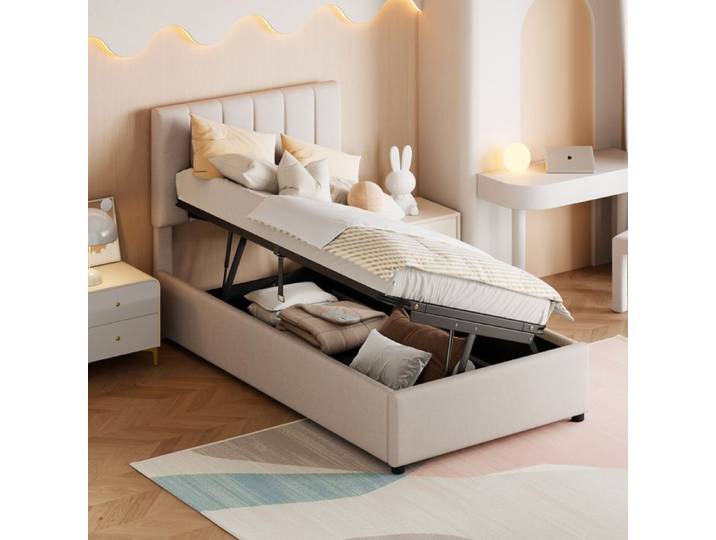 Lit coffre enfant - ZEVKOR - Simple - 90×200 cm - Tissu beige - Rangement hydraulique