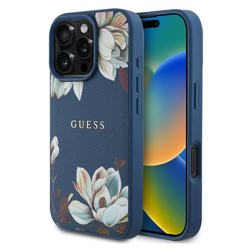 Guess Grained Printed Flower Pattern MagSafe case for iPhone 16 Pro blue (Apple iPhone 16 Pro) (GUE004428-0)