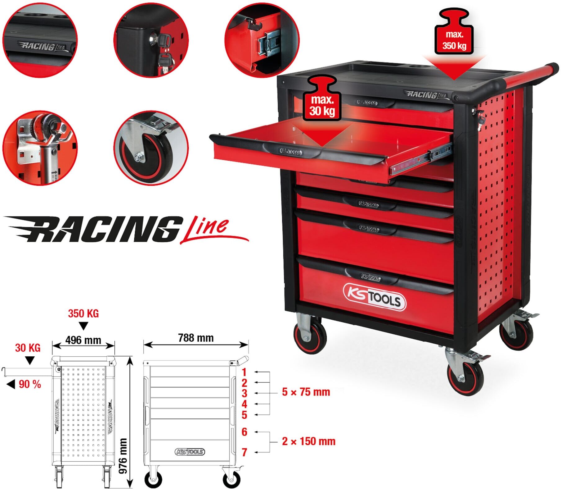 KS Tools RACINGline SCHWARZ/ROT Werkstattwagen mit 7 Schubladen (826.0007)
