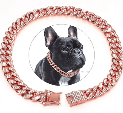 Uplift Curations Dog Cuban Chain Collar Stylish Metal Pet Collar With Diamond Design And Secure Buckle rose Gold 40cm 16inch