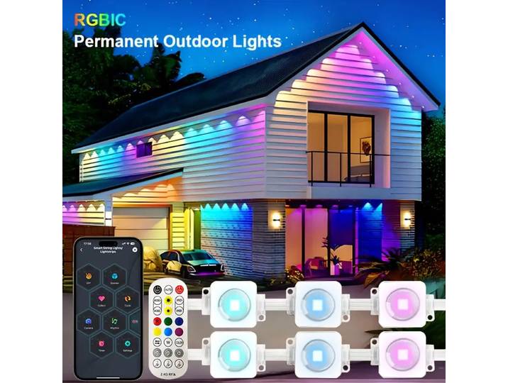 Lumières extérieures permanentes intelligentes RGBIC, contrôle par application sans fil, Alexa Google, étanche, pour décoration d'halloween et de noël