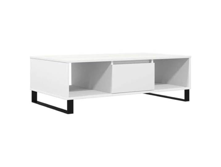 Favemtsl Couchtisch Weiß 104x60x35 cm Holzwerkstoff mit Eisengestell Moderner Sofatisch für das Wohnzimmer mit drei offenen Fächern für Zeitungen, Fernbedienung und Dekoration.