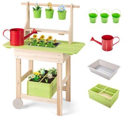 Costway Kids Mud Kitchen with Removable Pots, Watering Can Planting Trough and Storage Box-Natrual