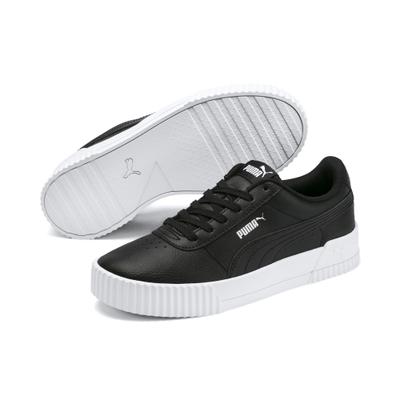 Sneaker PUMA "CARINA L", Damen, Gr. 37,5, Textil, schwarz-weiß (puma schwarz, puma weiß, puma silber), Leder, Schuhe Sneaker, mit perforierten Details, rutschfeste Gummilaufsohle