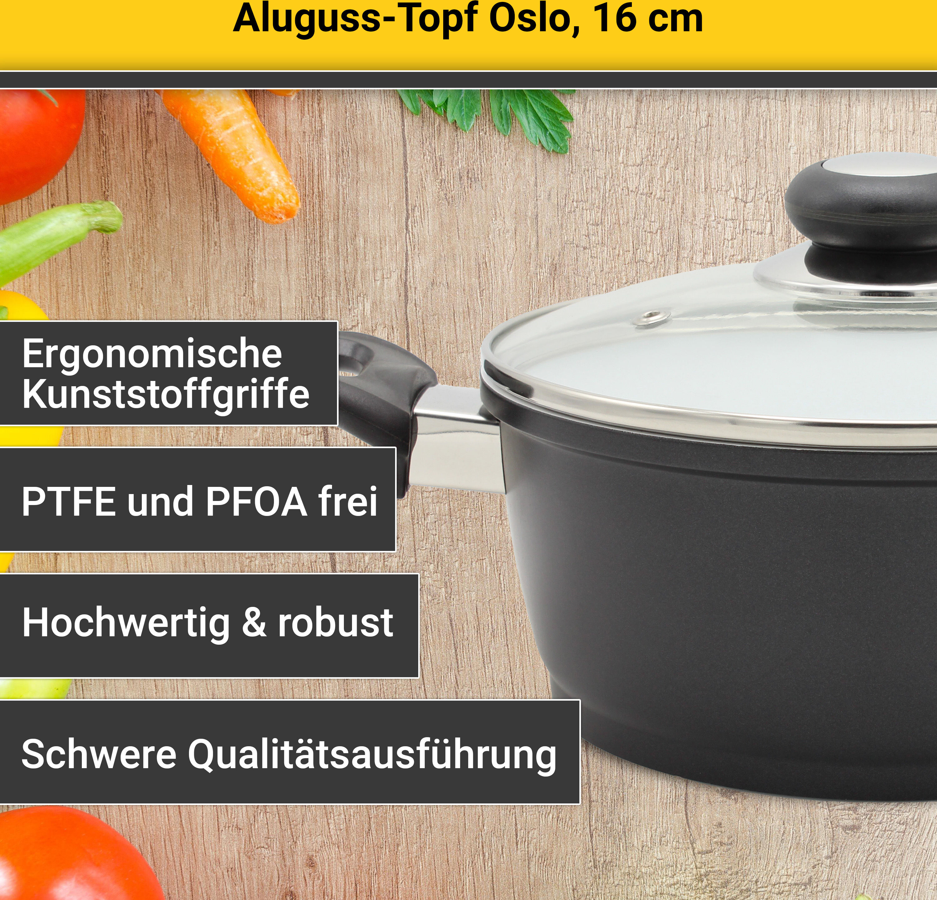 Fleischtopf KRÜGER "Aluguss Topf mit Glasdeckel Oslo", schwarz, H:9cm Ø:16cm, Töpfe, Fleischtopf, für Induktions-Kochfelder geeignet