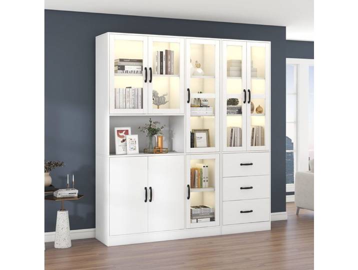 SENVIRO Vitrine combinée blanche 180 x 40 x 200 cm 8 portes 3 tiroirs LED