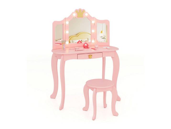COSTWAY Schminktisch Kinderschminktisch mit Hocker, mit LED Beleuchtung