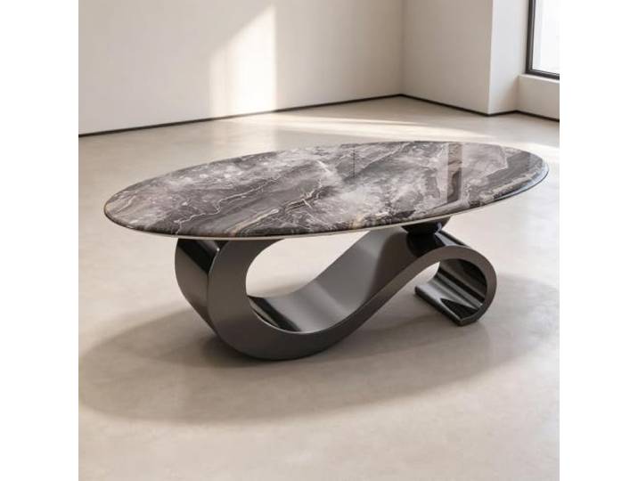 YHTCSXMD Moderner Ovaler Couchtisch mit Steinplatte Metallbasis Couchtisch mit 12mm Steinplatte, Doppelstütze und schwarzer Titanbasis für modernes Wohnzimmer, Sofa und Einrichtung